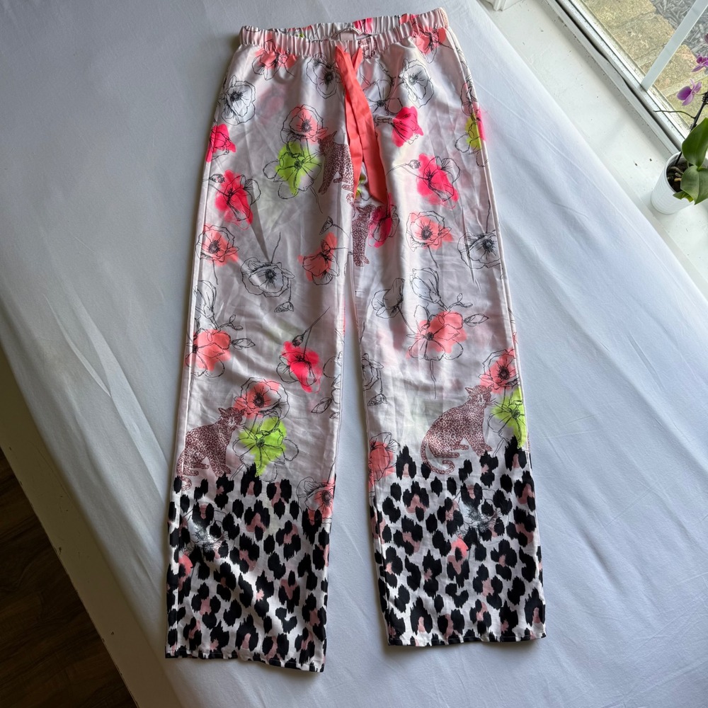 Victorias Secret Satin Pajama Pants XS Pink Floral Leopard Cheetah Print Lounge